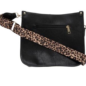 Black Faux Leather Crossbody Handbag With Leopard Strap